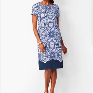 Talbots Women's Cotton Medallion Sheath Dress Size 6 Blue White Square Neck